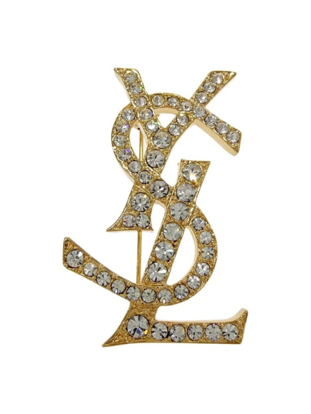 Saint Laurent Rhinestone Logo Brooch Gold